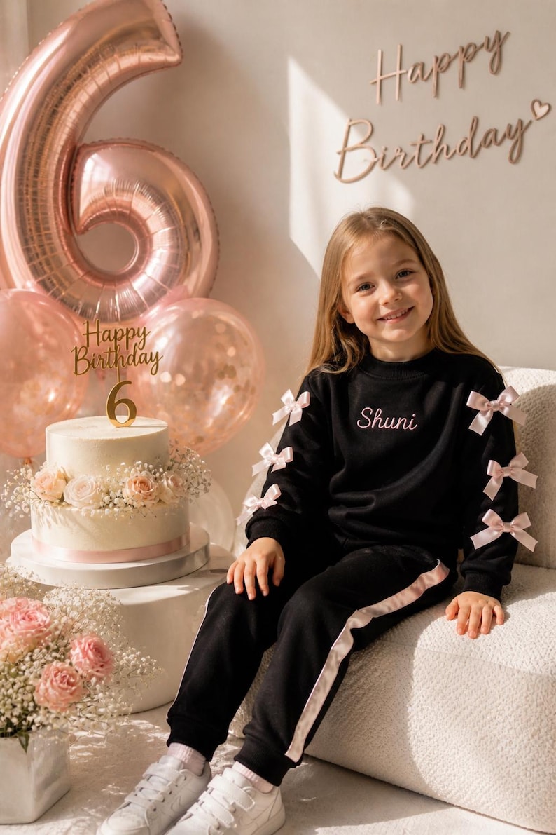 May include: A young person in a black sweatsuit with pink bow accents and a matching stripe on the pants. The word "Shuni" is embroidered on the sweatshirt. A birthday cake with a "6" candle and balloons are in the background.