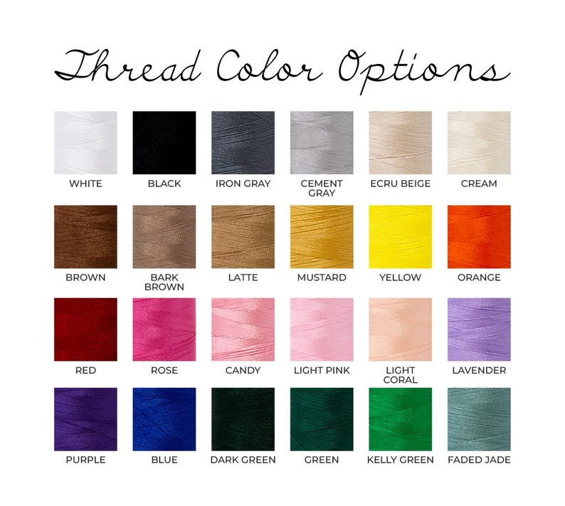 K&ouml;nnte beinhalten: Eine Farbkarte mit der Aufschrift "Thread Color Options" zeigt eine Vielzahl von Garnfarben. Die Karte enth&auml;lt Farbt&ouml;ne von Wei&szlig;, Schwarz, Grau, Braun, Gelb, Orange, Rot, Rosa, Lila, Blau und Gr&uuml;n. Jede Farbe ist mit ihrem Namen beschriftet.