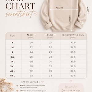 K&ouml;nnte beinhalten: Beige Sweatshirt-Gr&ouml;&szlig;entabelle mit Ma&szlig;en in Zoll. Die Tabelle enth&auml;lt Breiten-, L&auml;ngen- und &Auml;rmelr&uuml;ckenma&szlig;e f&uuml;r die Gr&ouml;&szlig;en S bis 5XL. Anweisungen zum Messen und ein Hinweis auf die Unisex-Passform sind ebenfalls enthalten.