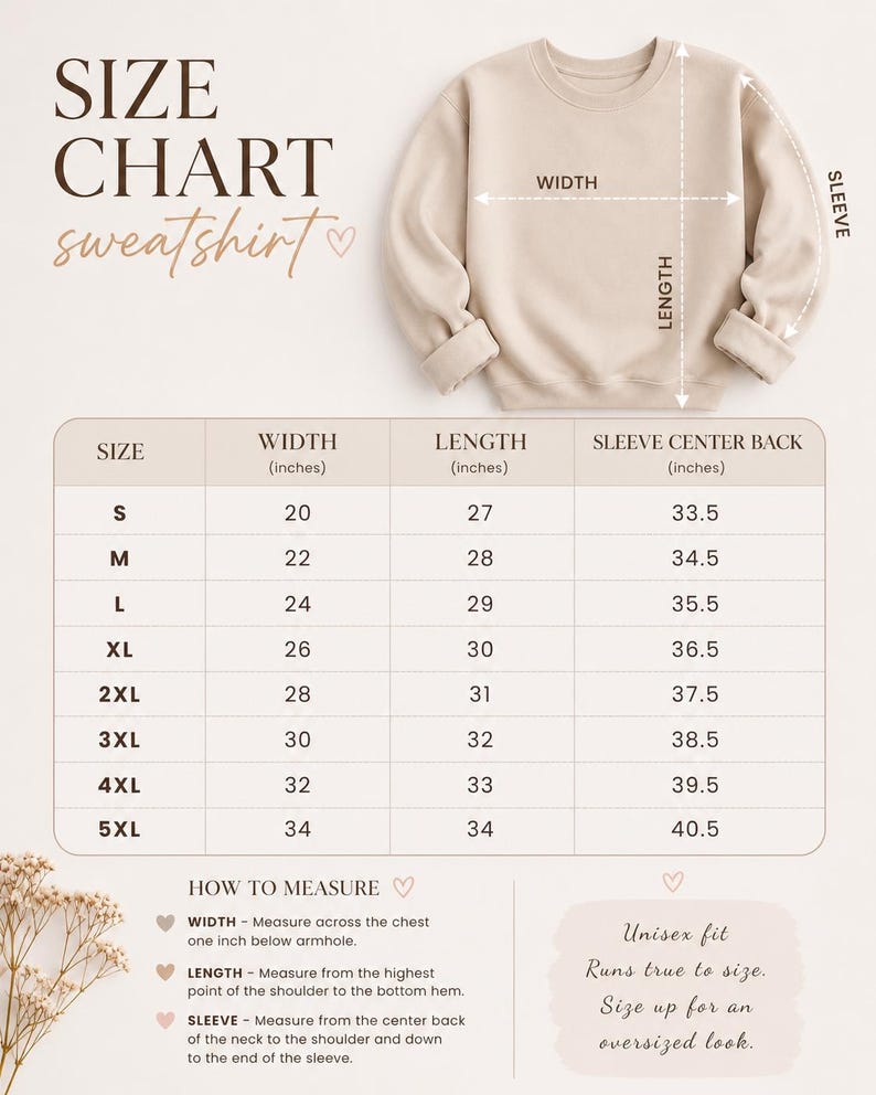 K&ouml;nnte beinhalten: Beige Sweatshirt-Gr&ouml;&szlig;entabelle mit Ma&szlig;en in Zoll. Die Tabelle enth&auml;lt Breiten-, L&auml;ngen- und &Auml;rmelr&uuml;ckenma&szlig;e f&uuml;r die Gr&ouml;&szlig;en S bis 5XL. Anweisungen zum Messen und ein Hinweis auf die Unisex-Passform sind ebenfalls enthalten.