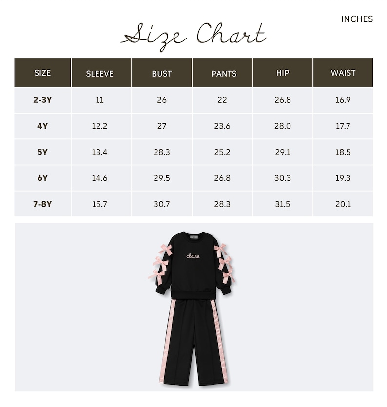 May include: Black children's outfit with pink bow accents on the sleeves and pants. The outfit includes a sweatshirt with the name "claire" and matching pants with pink stripes. An inches size chart is also included.
