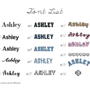 K&ouml;nnte beinhalten: Ein wei&szlig;er Hintergrund zeigt eine "Font List" mit sechzehn verschiedenen Schriftarten des Namens "Ashley". Die Schriftarten variieren im Stil, einschlie&szlig;lich Skript-, Fett- und Umrissdesigns. Der Text "die Farben k&ouml;nnen unterschiedlich sein" ist ebenfalls vorhanden.