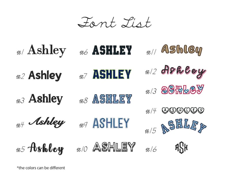 K&ouml;nnte beinhalten: Ein wei&szlig;er Hintergrund zeigt eine "Font List" mit sechzehn verschiedenen Schriftarten des Namens "Ashley". Die Schriftarten variieren im Stil, einschlie&szlig;lich Skript-, Fett- und Umrissdesigns. Der Text "die Farben k&ouml;nnen unterschiedlich sein" ist ebenfalls vorhanden.