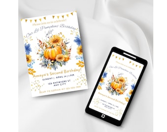 Invito di compleanno a tema zucca, invito a tema autunnale, neutro, giallo e floreale, design rustico, invito di compleanno stampabile e mobile Canva