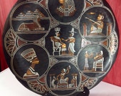 PLATE Copper Decorative 16 quot Across Black Tole Paint on Copper with 7 Egyptian Scenes and Applied Silver