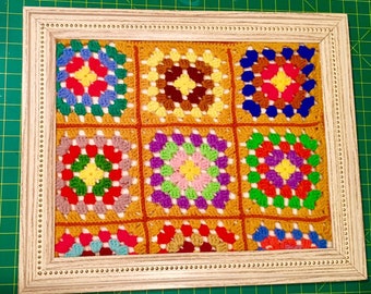 Framed Handmade Art MCM Rescued Crochet Granny Square Panel Bright Colors Framed in a Gold Dot Embellished White Frame Crochet Art