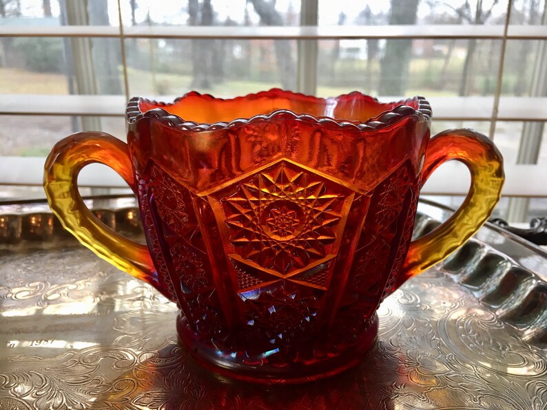 SUGAR BOWL Red Orange Carnival Glass Sugar Bowl Indiana Etsy