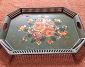 Large Green Toleware Hand Painted Floral Embellished Gold Green Metal Serving Tray with Carry Handles Cottage Core Colors Style Green