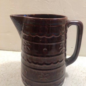 4890 Marcrest Stoneware Daisy Dot Large Pitcher Jug Vase. 8” tall SIME DAMAGE Brown Daisy Dot Marcrest Shabby Pitcher