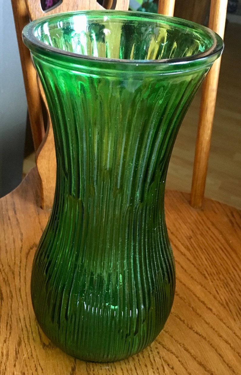 VASE Green Hoosier Glass Ribbed Green Glass Floral Vase Female Etsy