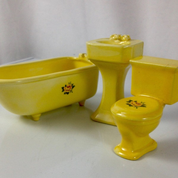 DOLLHOUSE Miniature Bathroom Furniture Fixture Bathtub, Toilet, Sink Yellow with yellow rose decal