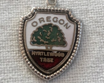 Vtg OREGON Myrtlewood Tree Sterling Silver Shield Shaped Charm Enamel Myrtlewood Tree Red White Green Sterling Silver Shield Shaped Pendant