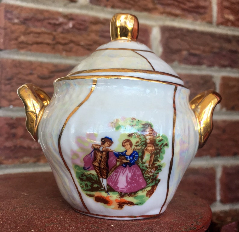 SUGAR BOWL New Century Fine Porcelain Sugar Bowl Victorian Courting Scene Gold Embellished Sugar Bowl