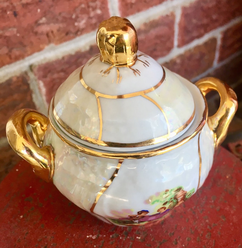 SUGAR BOWL New Century Fine Porcelain Sugar Bowl Victorian Courting Scene Gold Embellished Sugar Bowl