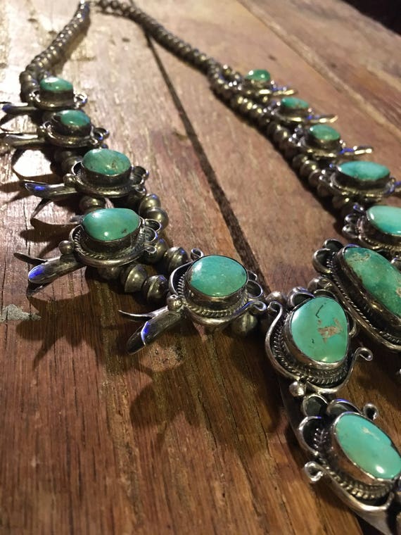 Immense Vintage Navajo Green Turquoise Native American Jewelry Silver Squash Blossom Necklace Old Immense Vintage Navajo Green Turquoise Native American Jewelry Silver Squash Blossom Necklace Old
