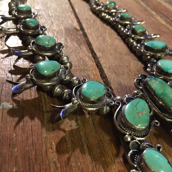 STERLING Navajo ca1920s Squash Blossom Green Turquoise Necklace Handmade bench beads, foxtail style rope chain 10 blossoms  HUGE NAJA