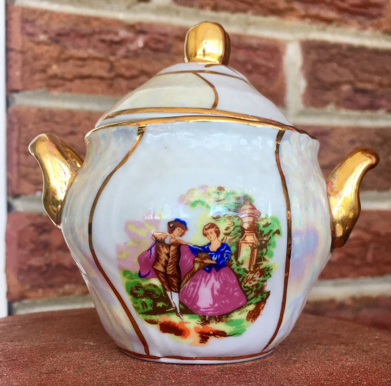 SUGAR BOWL New Century Fine Porcelain Sugar Bowl Victorian Courting Scene Gold Embellished Sugar Bowl