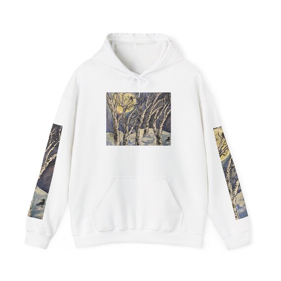 Crows by Moonlight Print Hoodie: Cotton-blend Artistic Apparel - Main Image