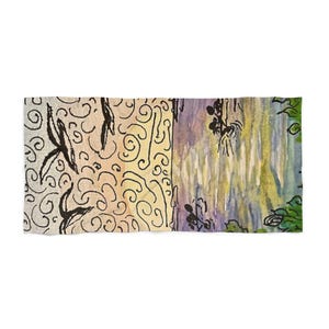 May include: A rectangular beach towel featuring a watercolor painting. The design includes a section with black swirls and leaf-like shapes on a yellow and tan background. The other section has a waterfall design with purple, yellow, and green hues.
