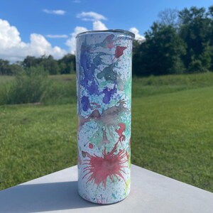 20 Oz Pollock Inspired Splatter Multicolor Pattern Faded Look With Red Purple, Bright Neon Green, and Yellow