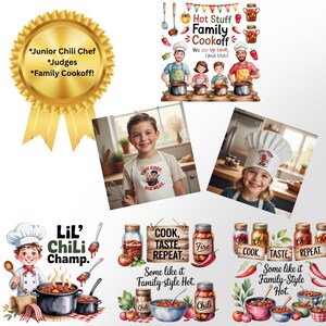 May include: A collage of illustrations and photos related to a chili cookoff. Includes a gold seal with text, a family cooking chili, children in aprons, and text that says "Lil' Chili Champ." and "Cook, Taste, Repeat."