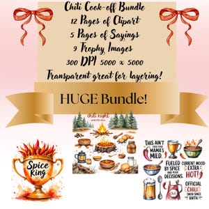 Könnte beinhalten: Ein digitales Kunstpaket für einen Chili-Kochwettbewerb mit Cliparts, Sprüchen und Trophäenbildern. Das Design umfasst eine goldene Trophäe mit den Worten "Spice King", Chili-Schalen und Text.