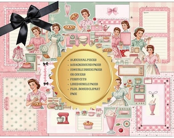 Retro Kitchen Junk Journal Kit, 1950s Kitschy Style, Printable Ephemera, Bonus Clipart, Digital Scrapbooking, Printable Journal Pages