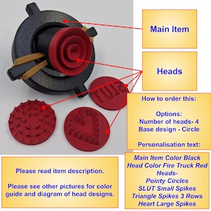 May include: A black main item with a red head and interchangeable red heads. The heads feature various designs, including pointy circles, small spikes, and heart shapes. The image includes text about ordering options and color guides.