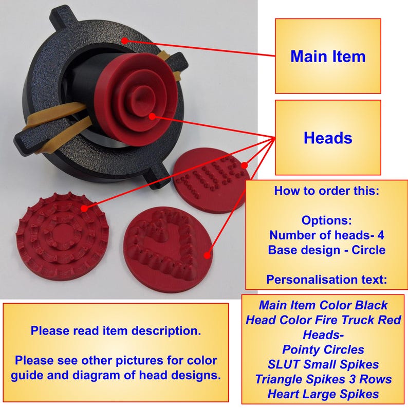 May include: A black main item with a red head and interchangeable red heads. The heads feature various designs, including pointy circles, small spikes, and heart shapes. The image includes text about ordering options and color guides.