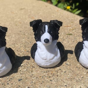 May include: A small, three-dimensional figurine of a Border Collie dog head and chest. The figurine features a black and white color scheme with a white blaze on the face, a white chest, and black ears and sides, crafted with a textured surface.