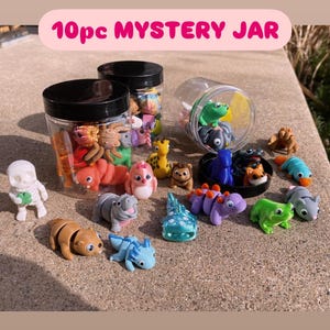 Op de afbeelding: Een glazen pot gevuld met kleurrijke dierfiguren. De pot is gelabeld met "10pc MYSTERY JAR". De figuren zijn verspreid rond de pot, waaronder een skelet, een nijlpaard, een dinosaurus, een schildpad en een kikker.