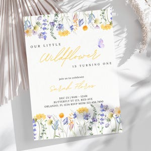 Editable Wildflower First Birthday Invitation Wildflower Birthday Party Invitation Template Wildflower Girl Birthday Card for Garden Party