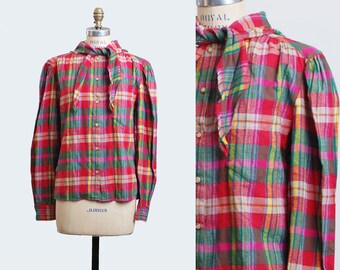 Vintage 80s Ralph Lauren Plaid Shirt PUFF Sleeve Blouse Shirt Western Country Tartan Button Down Top / 1980s Pink Green Long Sleeve Medium