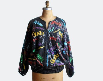 Vintage 80s Black Sequin Bomber Jacket / Silk Trophy Blouse, m l