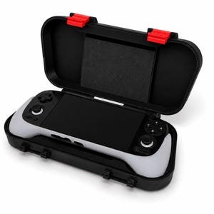 May include: A handheld gaming console with a white body and black control buttons, including a directional pad, two analog sticks, and A, B, X, Y buttons, resting inside a black protective carrying case with two bright red locking latches.