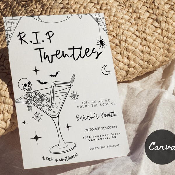 Invitación editable "Muerte a los 20/30", funeral por mi juventud, cumpleaños gótico de los 20 y 30, invitación digital para fiesta de Halloween