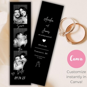 Photo Booth Strip Save the Date Template, Minimalist Wedding Save the Date, Editable Photo Strip Canva Template, Modern Black Save Date