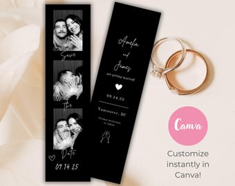 Photo Booth Strip Save the Date Template, Minimalist Wedding Save the Date, Editable Photo Strip Canva Template, Modern Black Save Date