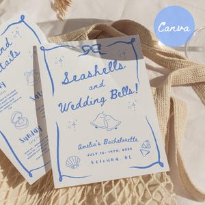 Seashells and Wedding Bells Bachelorette Invite, Beach Itinerary Template, Coastal Last Toast, Digital Hand Drawn Canva Invitation