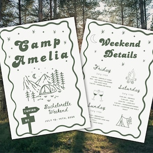 Camp Bachelorette Invitation, Itinerary, Last Trail Before the Veil, Glamping Bachelorette, Outdoorsy Girls Trip, Canva Hand Drawn Template