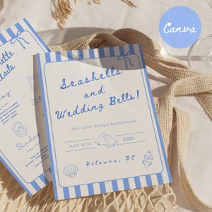 Seashells and Wedding Bells Bachelorette Invite, Beach Itinerary Template, Coastal Last Toast, Digital Hand Drawn Canva Invitation