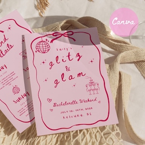 Glitz and Glam Bachelorette Invitation, Disco Ball and Champagne Tower, Weekend Itinerary, Digital Canva Template, Pink, Hand-Drawn