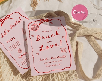 Drunk in Love Bachelorette Invitation, Itinerary, Wavy Pink Hens Party Invite, Bride To Be Canva Template, Crazy love, Editable Hand Drawn