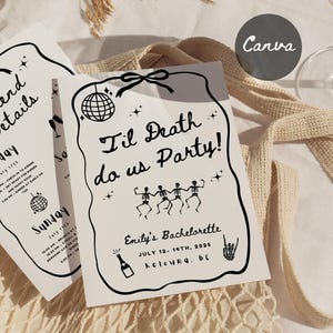 Puede incluir: Una tarjeta blanca con texto negro e ilustraciones. El texto dice "Til Death do us Party!" y "Emily's Bachelorette July 12-14th, 2025 Kelowna, BC". La ilustración incluye una bola de discoteca, esqueletos bailando y una botella de champán.