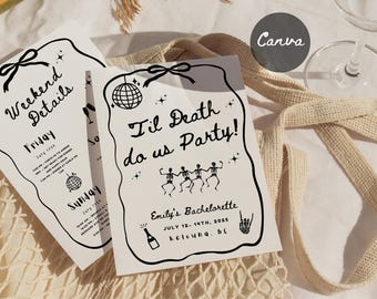 Til Death Do Us Party Bachelorette Invitation & Itinerary, Gothic Bride or Die, Spooky Halloween Bach, Skull Theme, Editable Canva Template