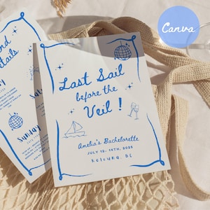 Letztes Segel vor dem Schleier Bachelorette Einladung & Reiseplan, bearbeitbare Canva Vorlage, Boot, Yacht, Küste, Strandparty, handgezeichnet