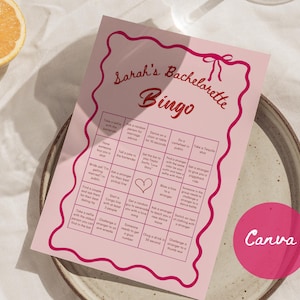 Gioco del bingo per addio al nubilato / Gioco da bere divertente per feste di addio al nubilato e giro dei pub / Bordo ondulato rosa e rosso / Download immediato di Canva Gioco del bingo stampabile