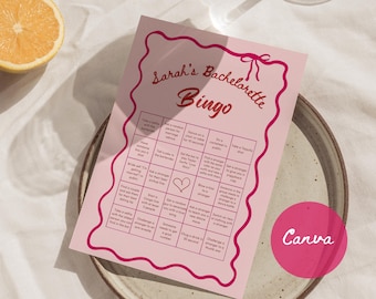 Bachelorette Bingo Game | Fun Hen Party & Pub Crawl Drinking Game | Pink and Red Wavy Border | Instant Canva Download Printable Bach Game