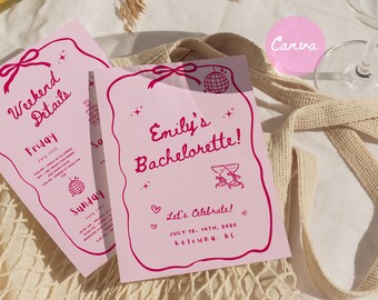 May include: Pink and red bachelorette party invitation with the text "Emily's Bachelorette!" and "Let's Celebrate!" with the date July 12-14th, 2025 and location Kelowna, BC.