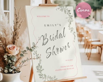 Modelo de placa de boas-vindas para chá de panela, pôster para impressão de jardim de flores silvestres excêntrico, vegetação boho, Canva, download digital, sinalização de boas-vindas